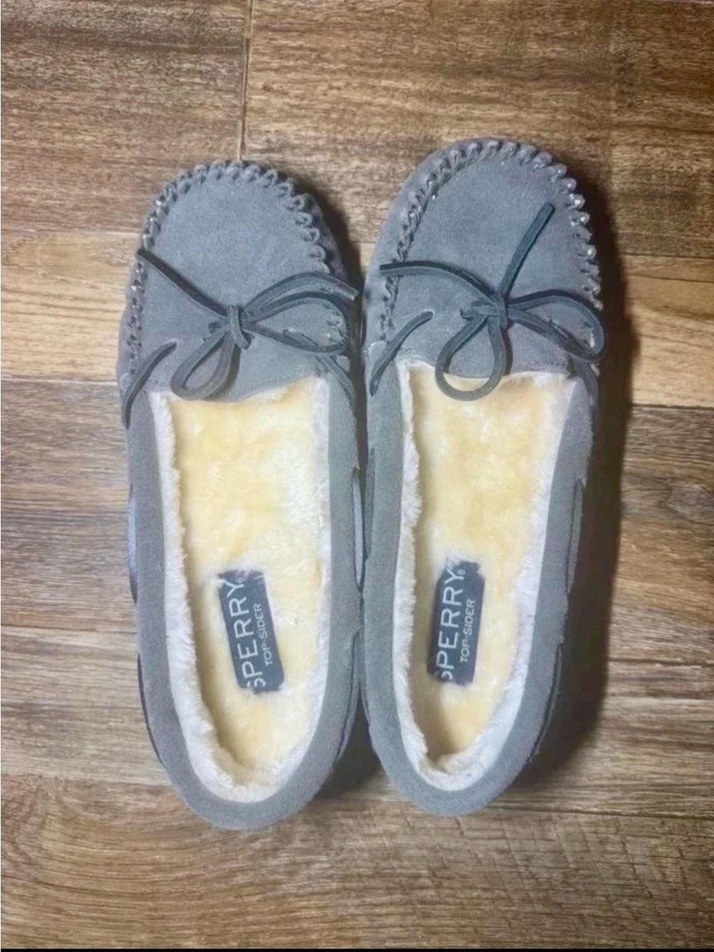 Sperry Women's Gray Suede Moccasin Slippers with Shearling Trim